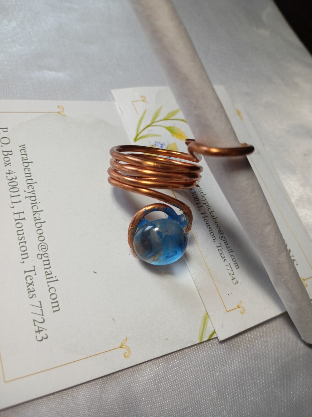 Copper Spiral Ring with Blue Glass Stone - Picture 9 of 12